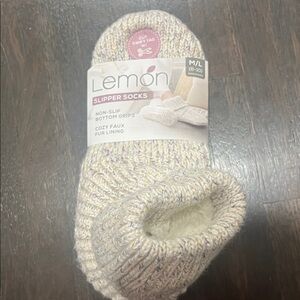 Lemon Cream Slipper Socks with Faux Fur Lining
